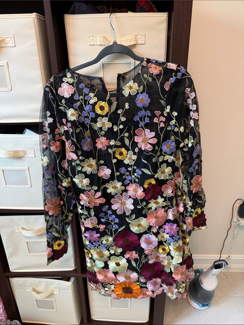 Mac Duggal Black Midi Dress with Multicolor Floral Embroidery